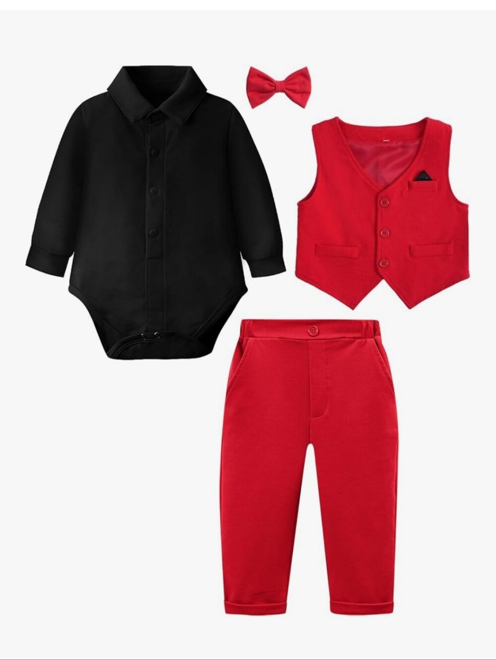 Toddler Formal Two-Piece Vest Set with Black Bodysuit and Red Pants & Bow Tie